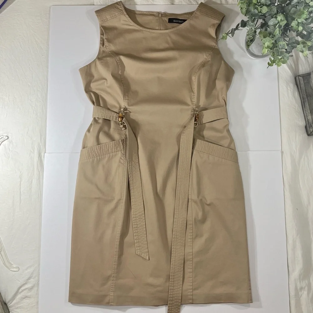 Ellen Tracy Khaki Pencil Belted Sleeveless Work Dress Women’s Size 16 - Picture 3 of 16